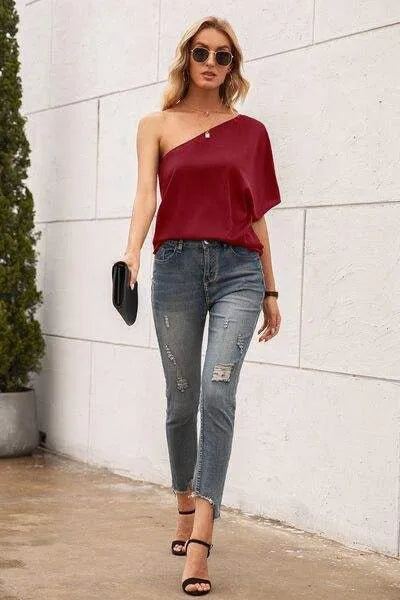 Single Shoulder Half Sleeve T-Shirt Women's T-Shirts - Tophatter Daily Deals