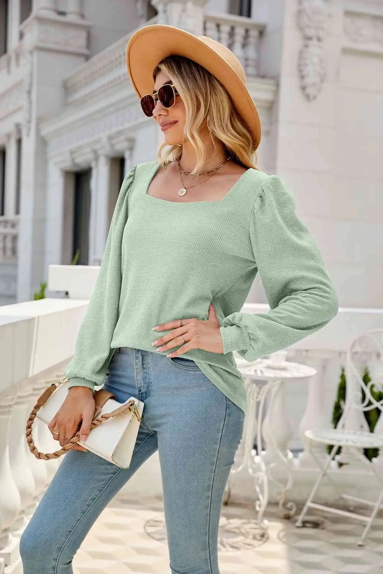 Waffle-Knit Puff Sleeve Square Neck Top Blouses - Tophatter Daily Deals