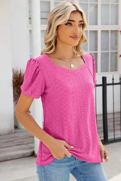 Eyelet Puff Sleeve T-Shirt Women's T-Shirts - Tophatter Daily Deals