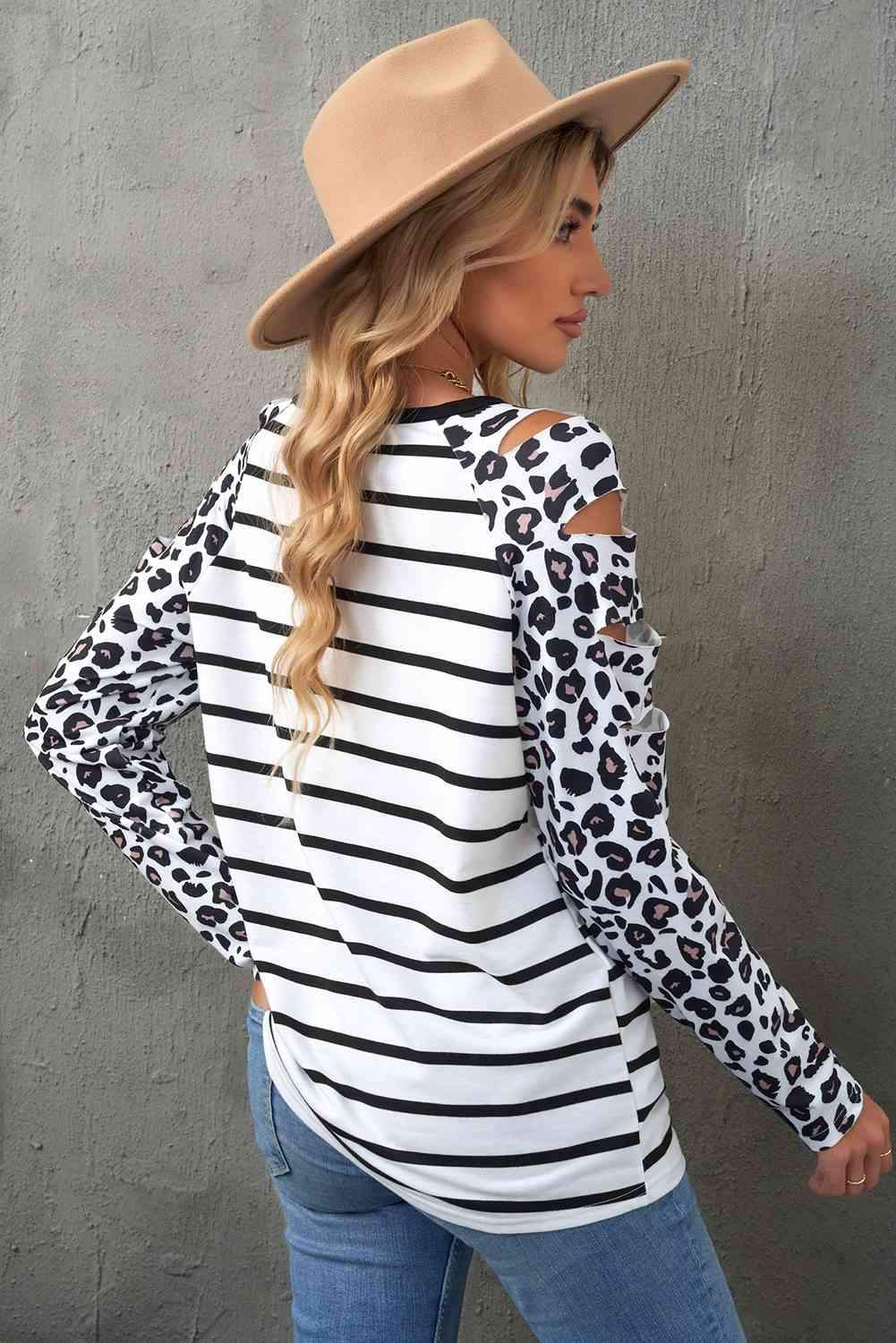 Leopard Print Striped Distressed Long Sleeve Tee Women's T-Shirts - Tophatter Daily Deals