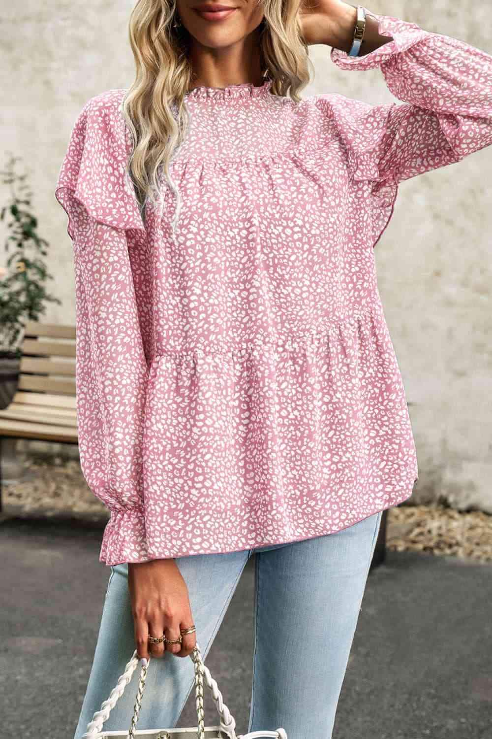 Printed Round Neck Flounce Sleeve Blouse Blouses - Tophatter Daily Deals