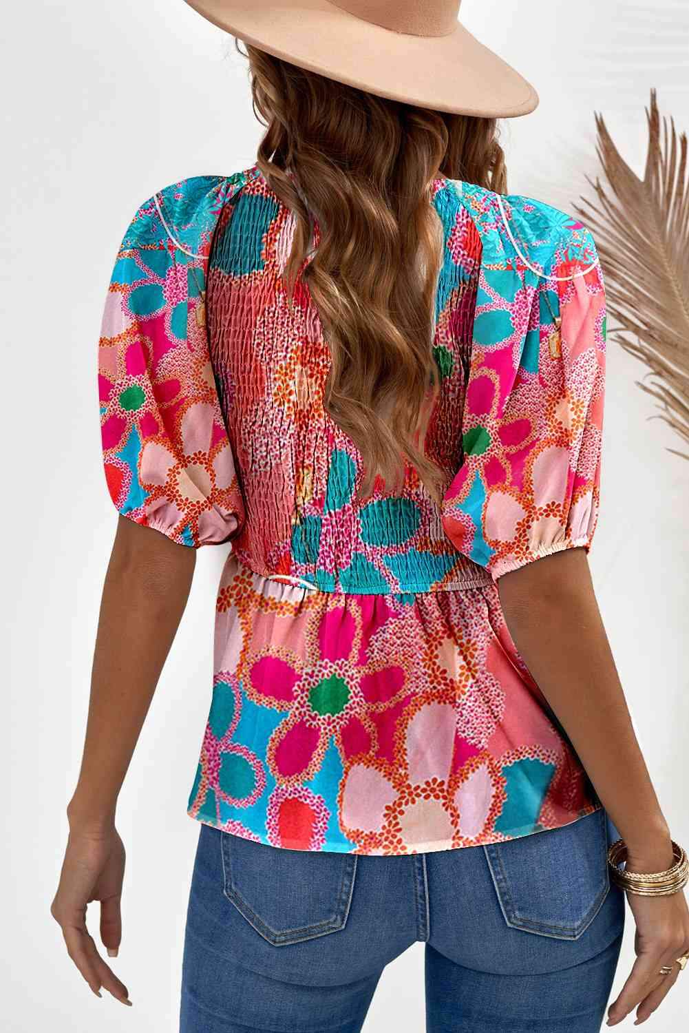 Printed V-Neck Babydoll Blouse Blouses - Tophatter Daily Deals