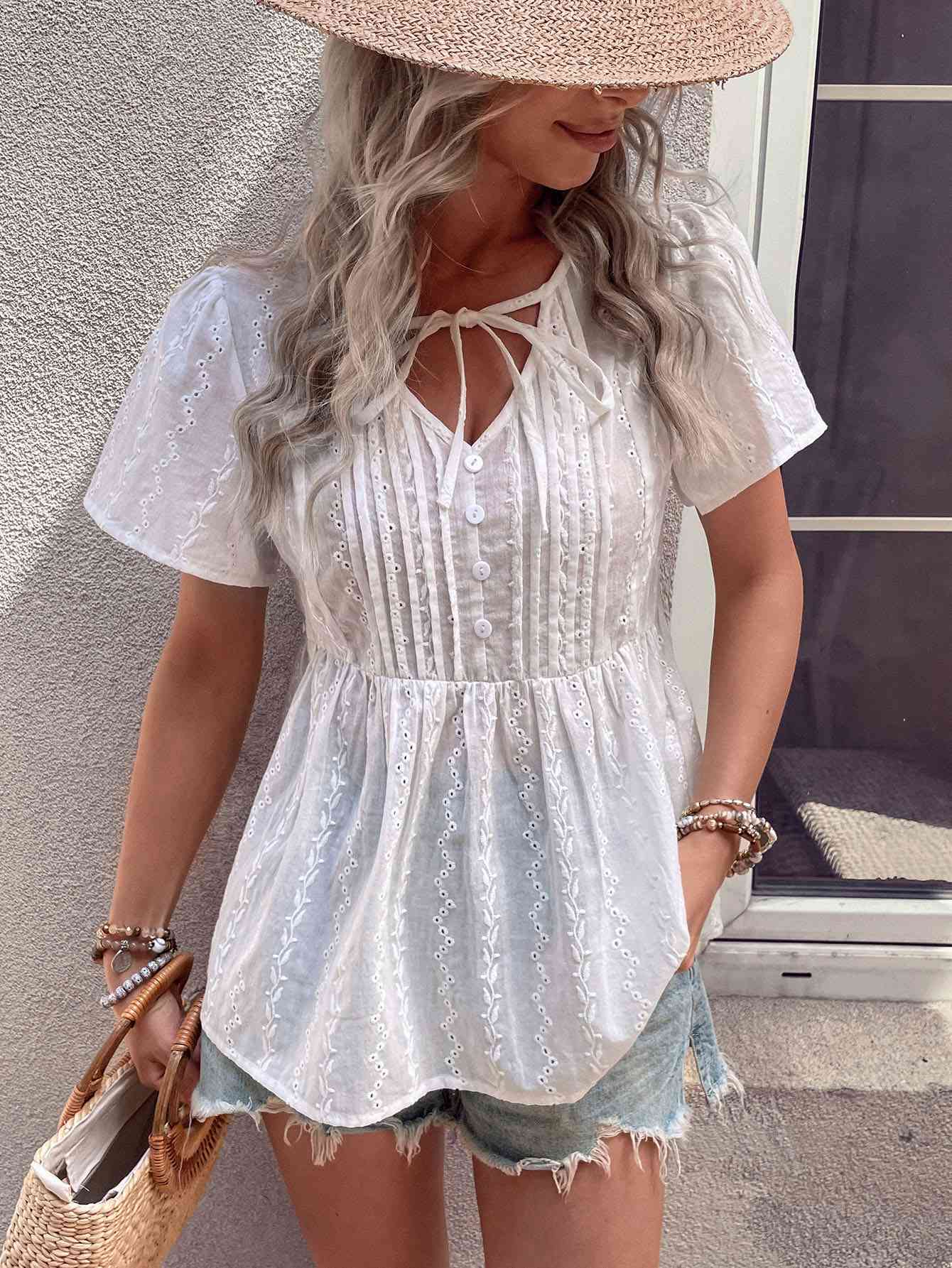 Tied Decorative Buttons Short Puff Sleeve Blouse - Uncle Tophatter Offers Only The Best Deals And Didcounts
