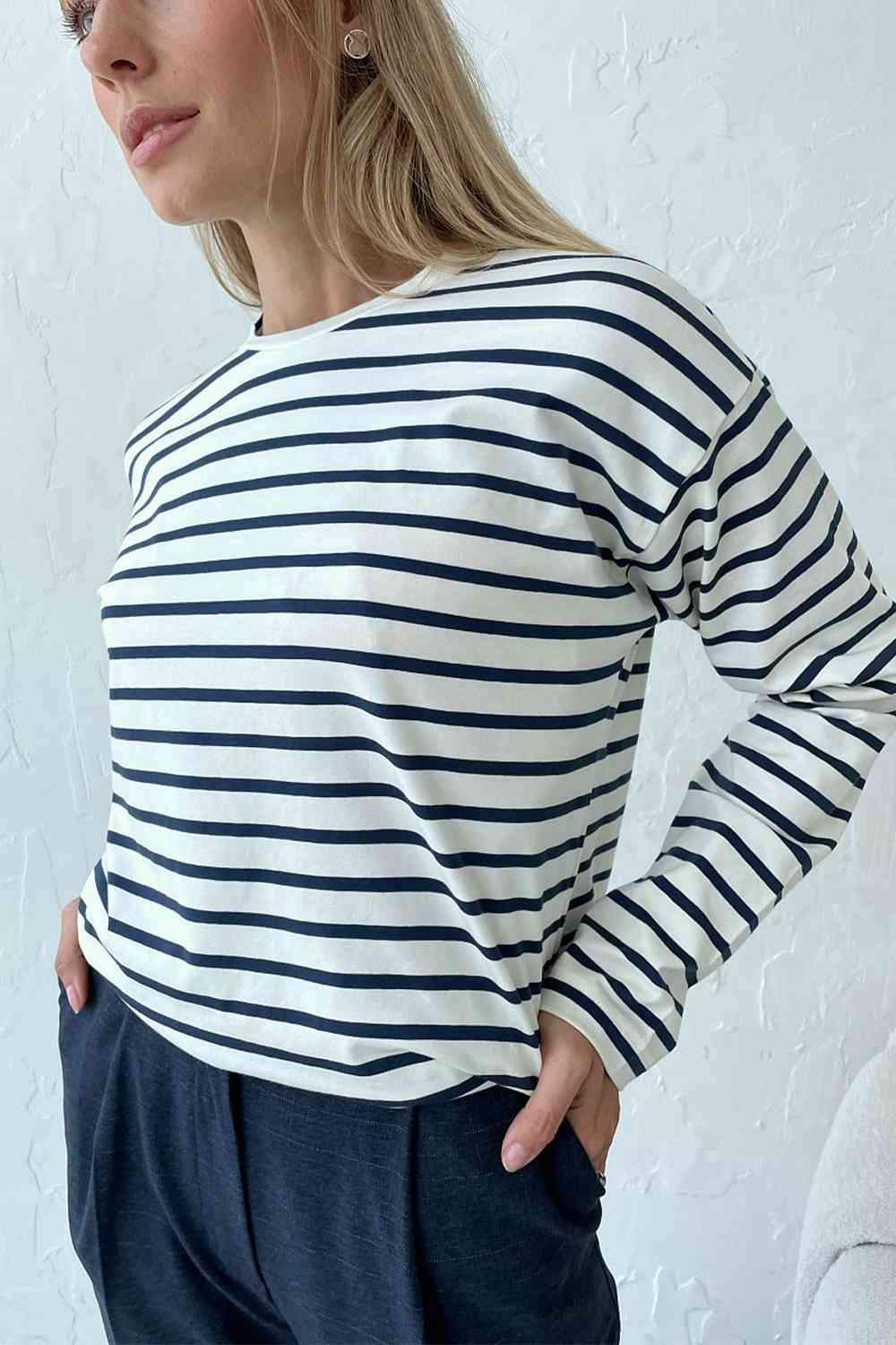 Round Neck Striped Dropped Shoulder T-Shirt Women's T-Shirts - Tophatter Daily Deals