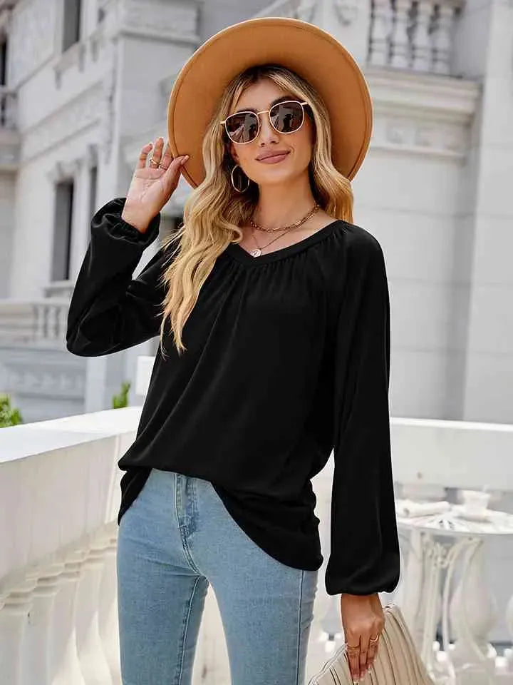 V-Neck Long Sleeve Blouse Blouses - Tophatter Daily Deals
