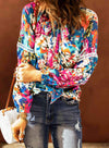 Floral Tie Neck Balloon Sleeve Top Blouses - Tophatter Daily Deals