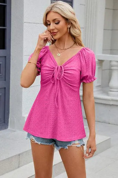 Eyelet Drawstring Short Sleeve T-Shirt Women's T-Shirts - Tophatter Daily Deals