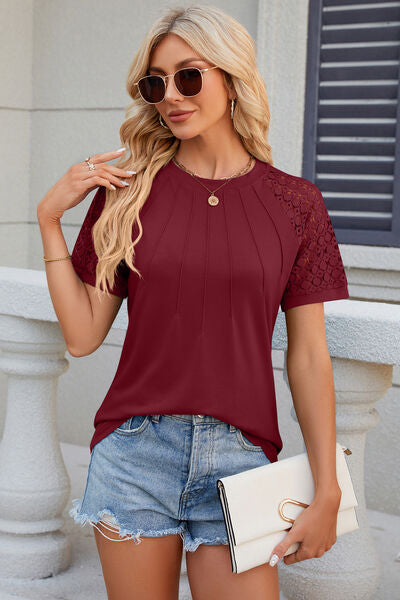 Openwork Round Neck Short Sleeve T-Shirt Women's T-Shirts - Tophatter Daily Deals