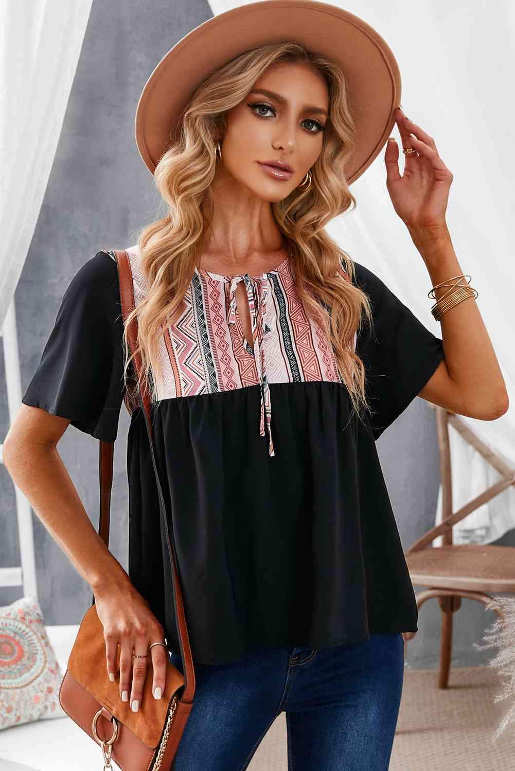 Geometric Print Color Block Tied Babydoll Blouse Blouses - Tophatter Daily Deals