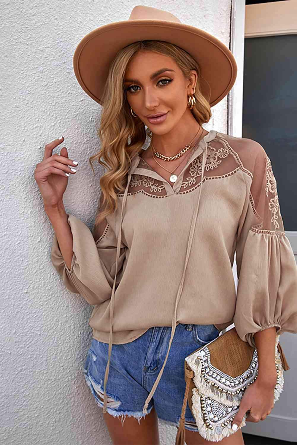 Embroidered Tie-Neck Puff Sleeve Blouse Khaki Blouses - Tophatter Daily Deals