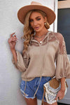 Embroidered Tie-Neck Puff Sleeve Blouse Khaki Blouses - Tophatter Daily Deals