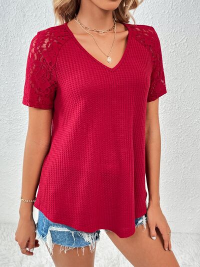 Lace Detail V-Neck Short Sleeve T-Shirt Women's T-Shirts - Tophatter Daily Deals