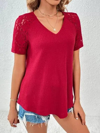 Lace Detail V-Neck Short Sleeve T-Shirt Women's T-Shirts - Tophatter Daily Deals