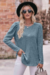 Double Take Round Neck Puff Sleeve Ribbed Top Turquoise Blouses - Tophatter Daily Deals