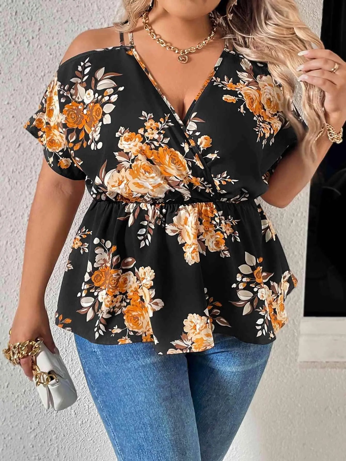Plus Size Floral Print Cold Shoulder Surplice Neck Blouse Blouses - Tophatter Daily Deals