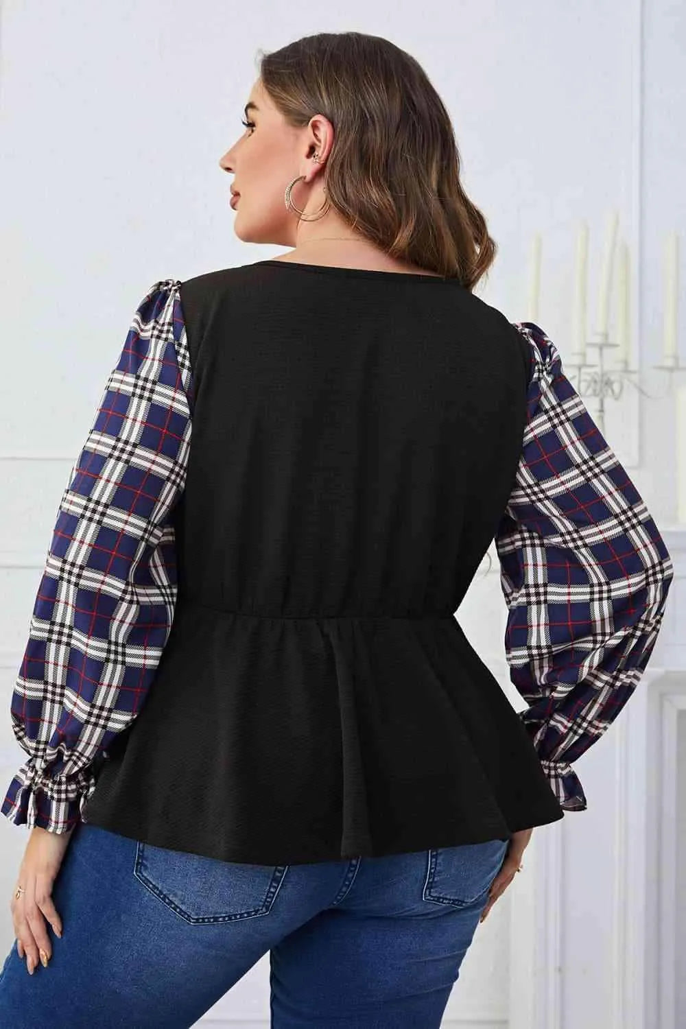 Melo Apparel Plus Size Plaid Print Square Neck Ruched Blouse Blouses - Tophatter Daily Deals