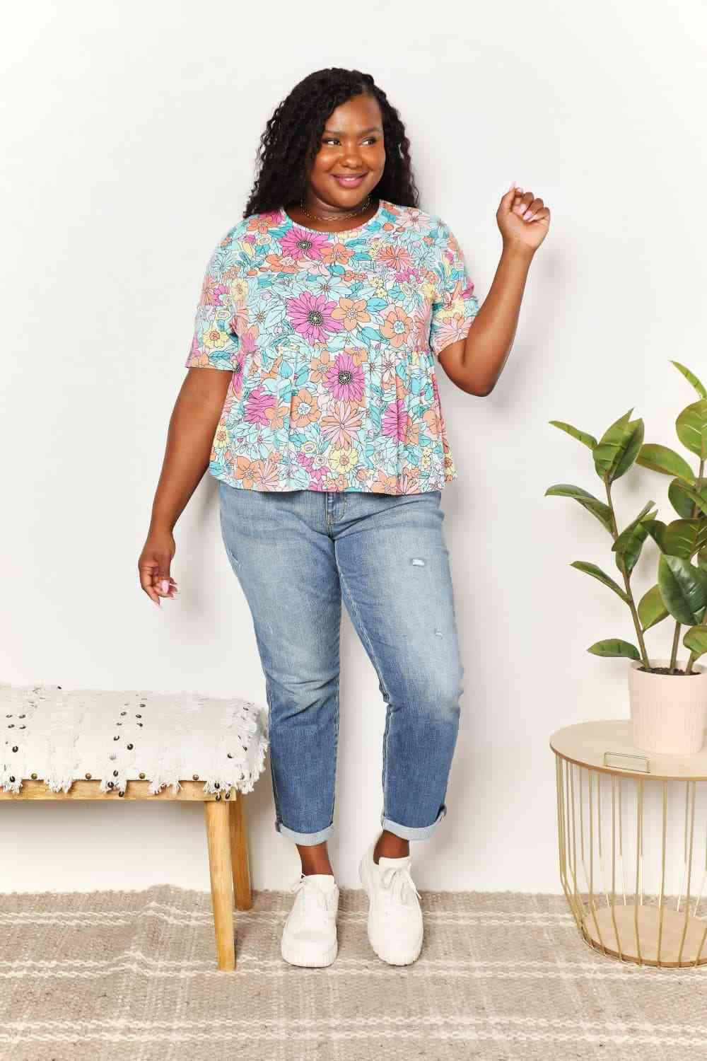 Double Take Floral Round Neck Babydoll Top Blouses - Tophatter Daily Deals