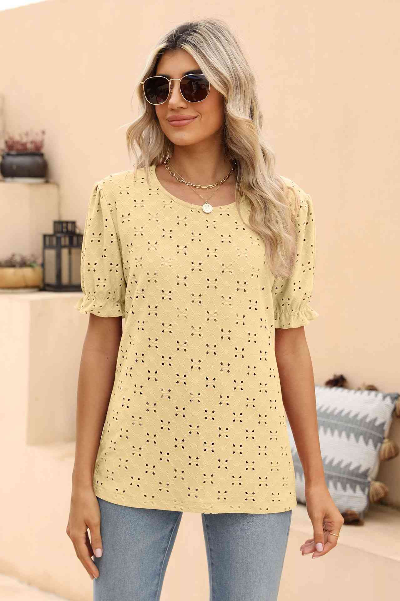 Openwork Round Neck Flounce Sleeve T-Shirt Women's T-Shirts - Tophatter Daily Deals