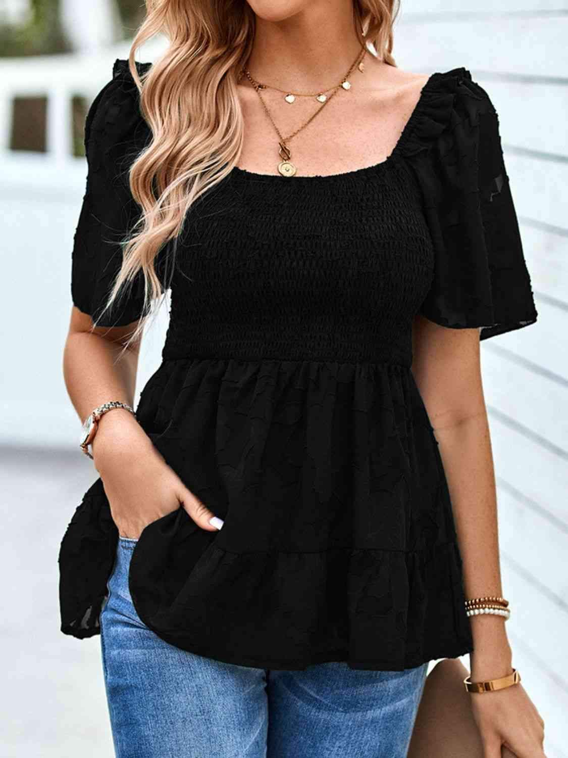 Smocked Square Neck Babydoll Blouse Black Blouses - Tophatter Daily Deals