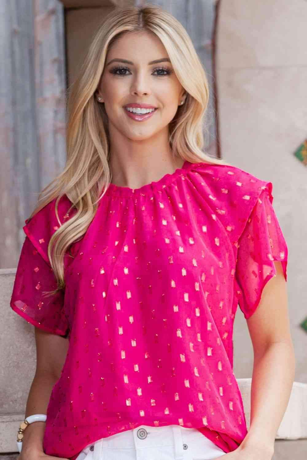 Gold Stamp Round Neck Layered Sleeve Blouse Hot Pink Blouses - Tophatter Daily Deals