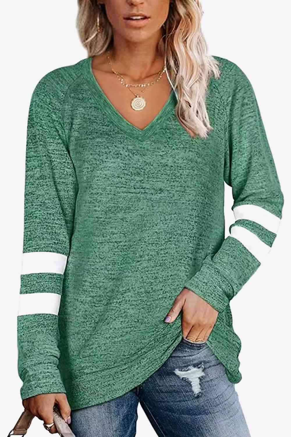 Striped Contrast Raglan Sleeve Top Green Women's T-Shirts - Tophatter Daily Deals