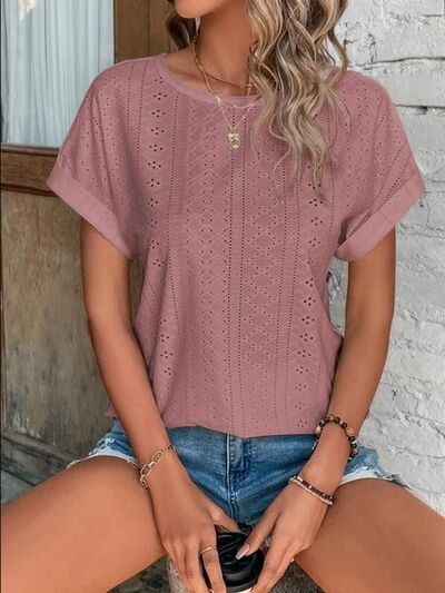 Eyelet Round Neck Short Sleeve T-Shirt Women's T-Shirts - Tophatter Daily Deals