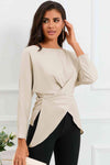 Boat Neck Back Tie Long Sleeve Satin Blouse Beige Blouses - Tophatter Daily Deals