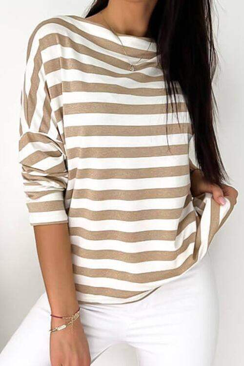 Striped Round Neck Long Sleeve Blouse Blouses - Tophatter Daily Deals