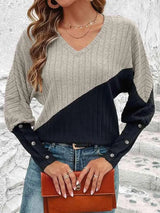 Contrast Buttoned V-Neck Blouse Blouses - Tophatter Daily Deals