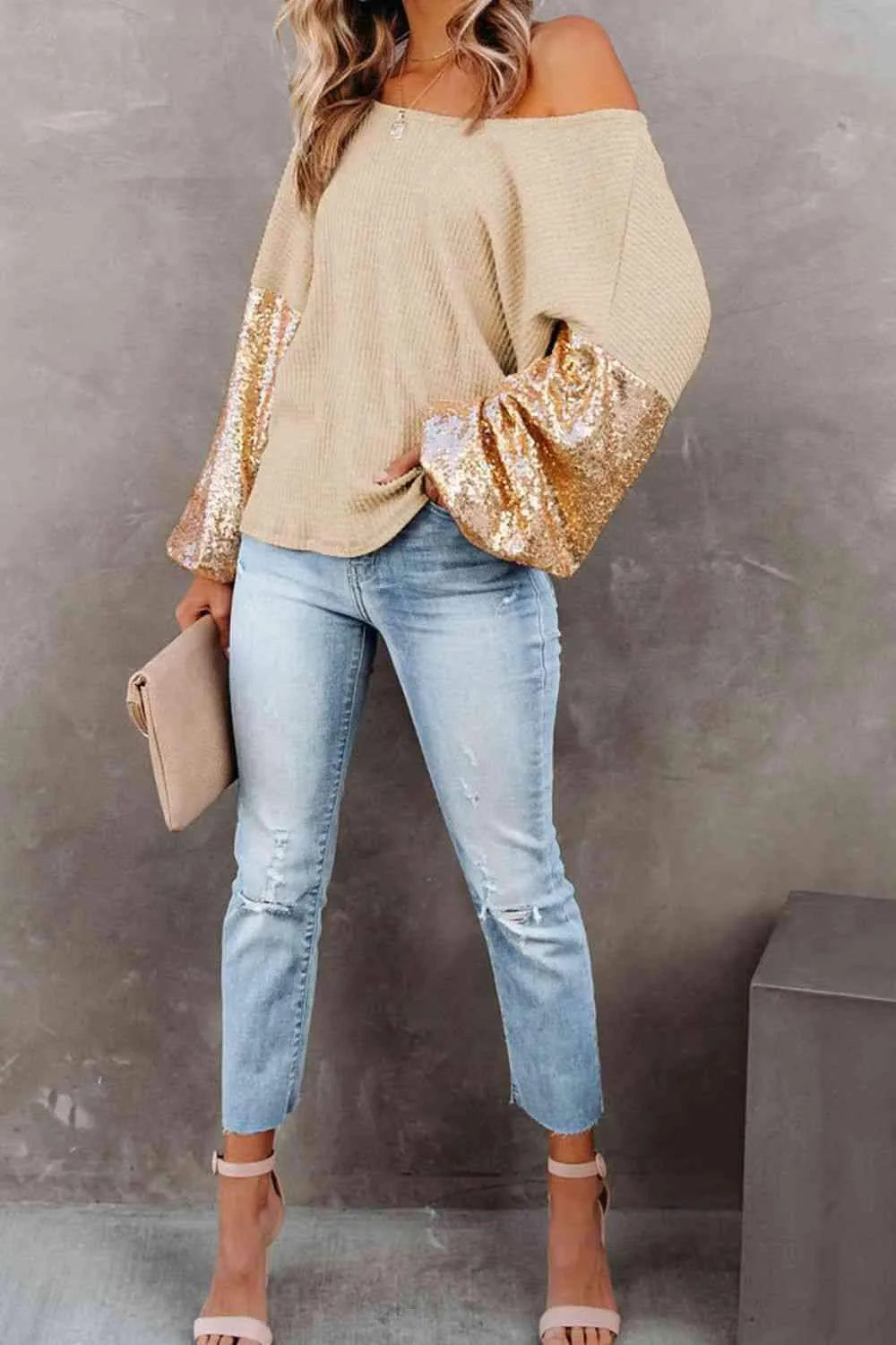 Sequin Waffle-Knit Blouse Blouses - Tophatter Daily Deals
