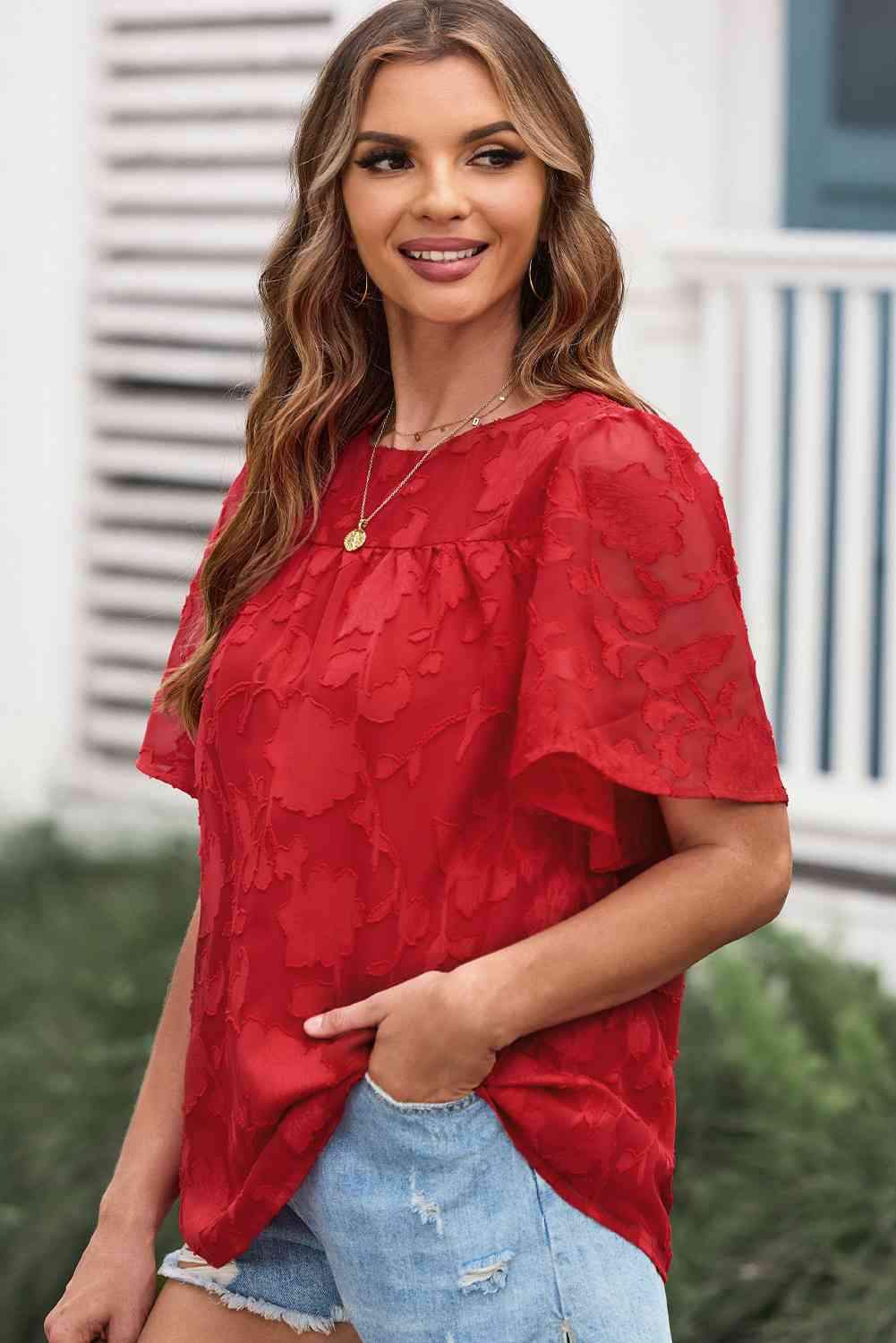 Round Neck Puff Sleeve Blouse Blouses - Tophatter Daily Deals