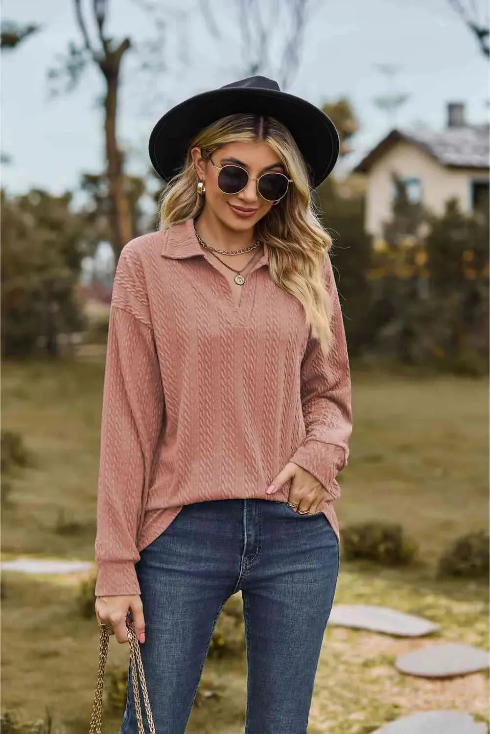 Collared Neck Cable-Knit Long Sleeve Blouse Blouses - Tophatter Daily Deals