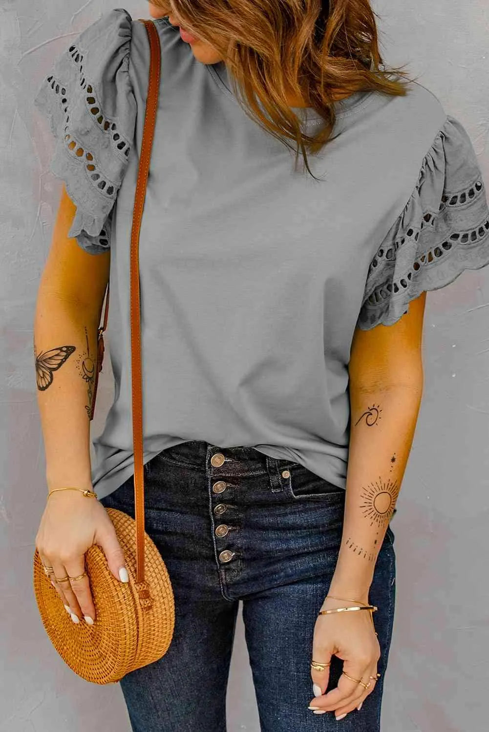 Round Neck Openwork Flutter Sleeve Top Gray Blouses - Tophatter Daily Deals