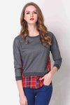 Full Size Plaid Patch Drop Shoulder Round Neck Top Dark Gray Women's T-Shirts - Tophatter Daily Deals