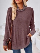 Contrast Mock Neck Long Sleeve T-Shirt Plum Women's T-Shirts - Tophatter Daily Deals