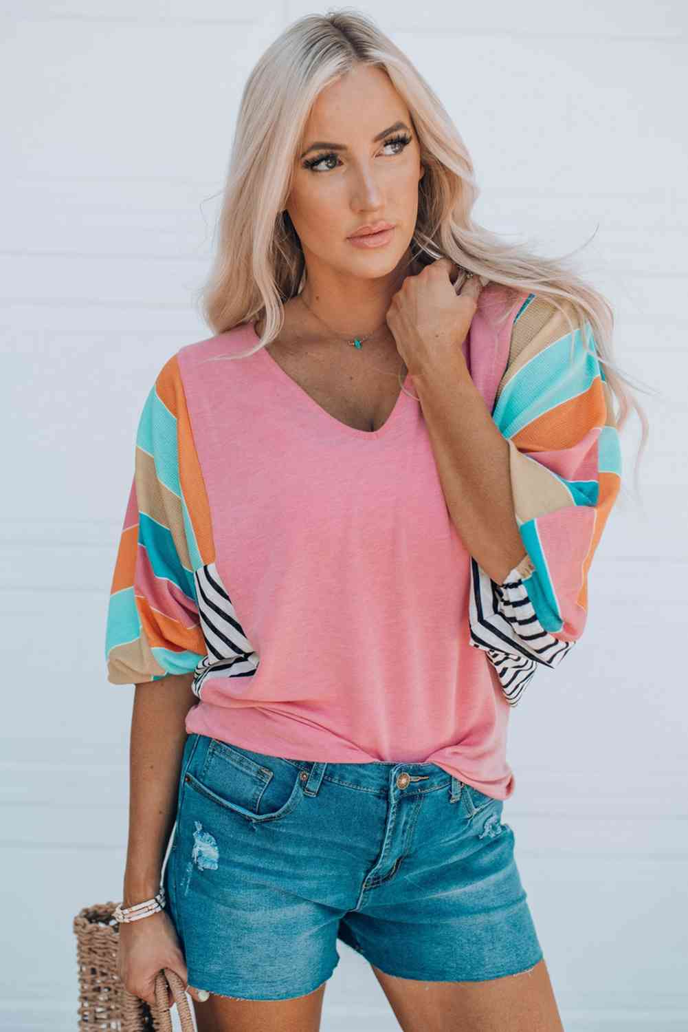 Striped Dolman Sleeve V-Neck Top - Tophatter Deals