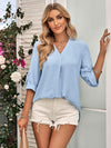 Swiss Dot Roll-Tab Sleeve V-Neck Blouse Pastel Blue Blouses - Tophatter Daily Deals