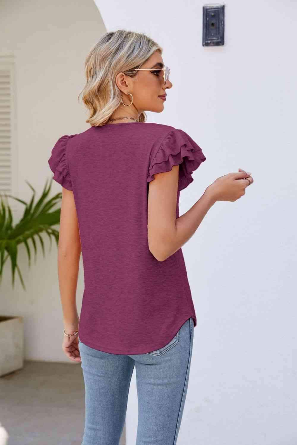 Smocked Flutter Sleeve V-Neck Top Blouses - Tophatter Daily Deals