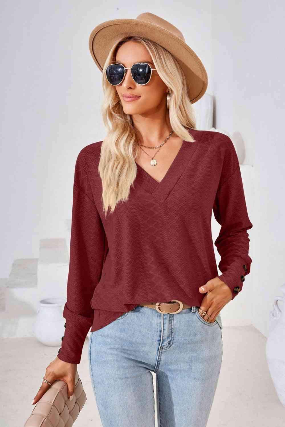 V-Neck Long Sleeve Blouse Wine Blouses - Tophatter Daily Deals