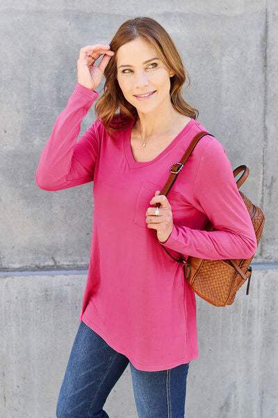 Basic Bae Full Size V-Neck Long Sleeve Top Blouses - Tophatter Daily Deals