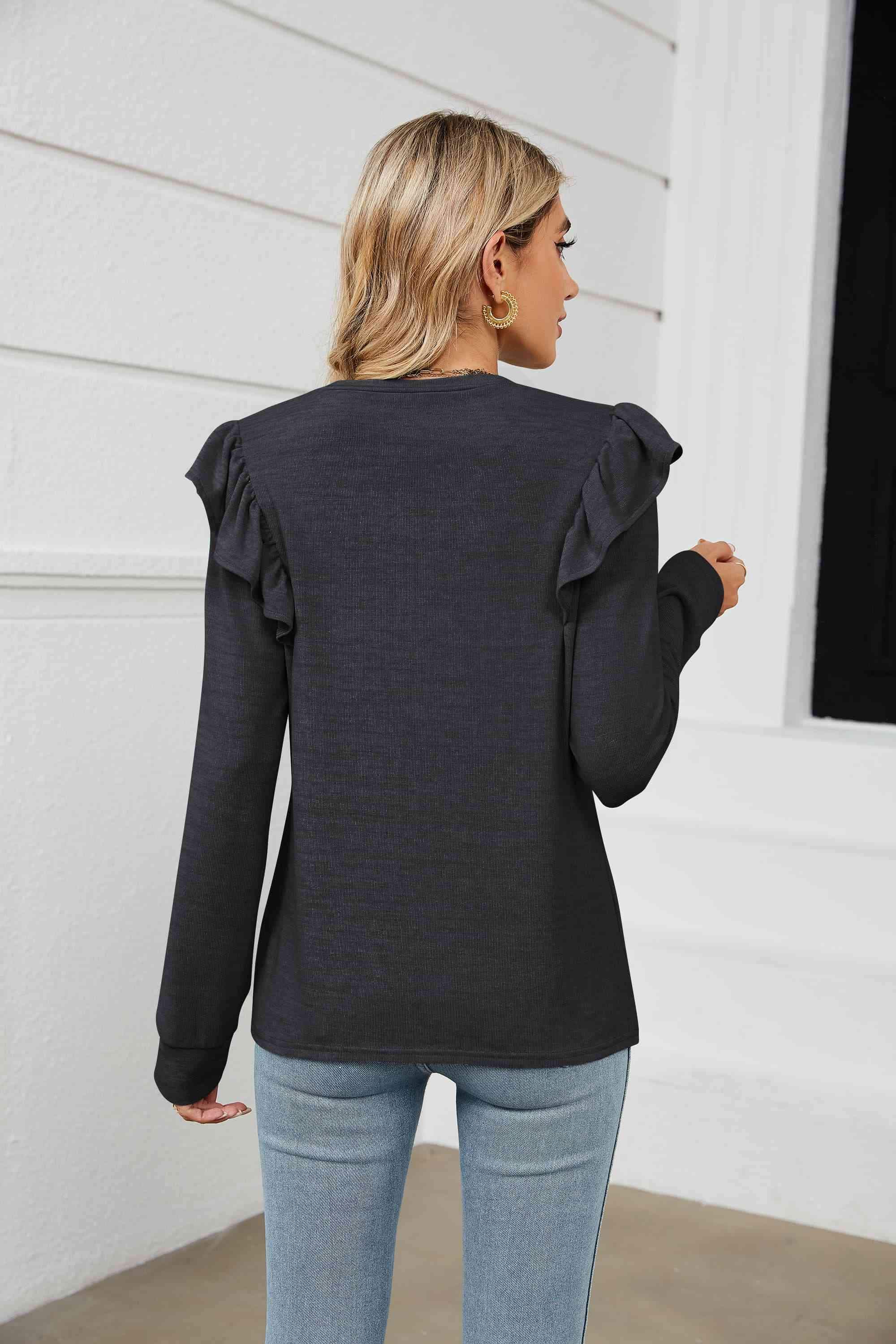 Ruffle Shoulder Long Sleeve T-Shirt Women's T-Shirts - Tophatter Daily Deals