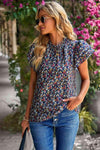 Floral Round Neck Flutter Sleeve Blouse Navy Blouses - Tophatter Daily Deals