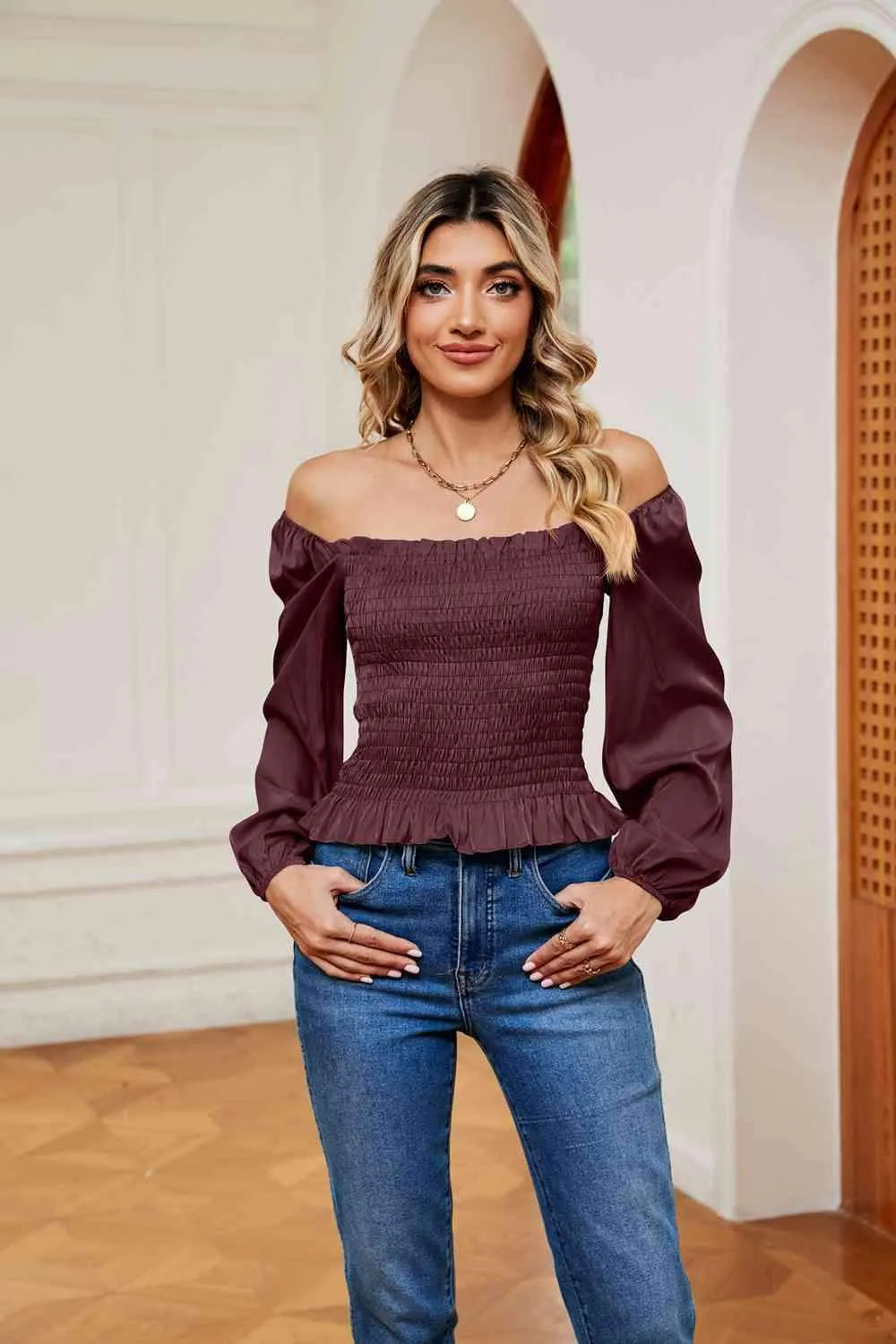 Smocked Off-Shoulder Ruffle Hem Blouse Chestnut Blouses - Tophatter Daily Deals