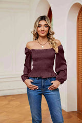 Smocked Off-Shoulder Ruffle Hem Blouse Chestnut Blouses - Tophatter Daily Deals