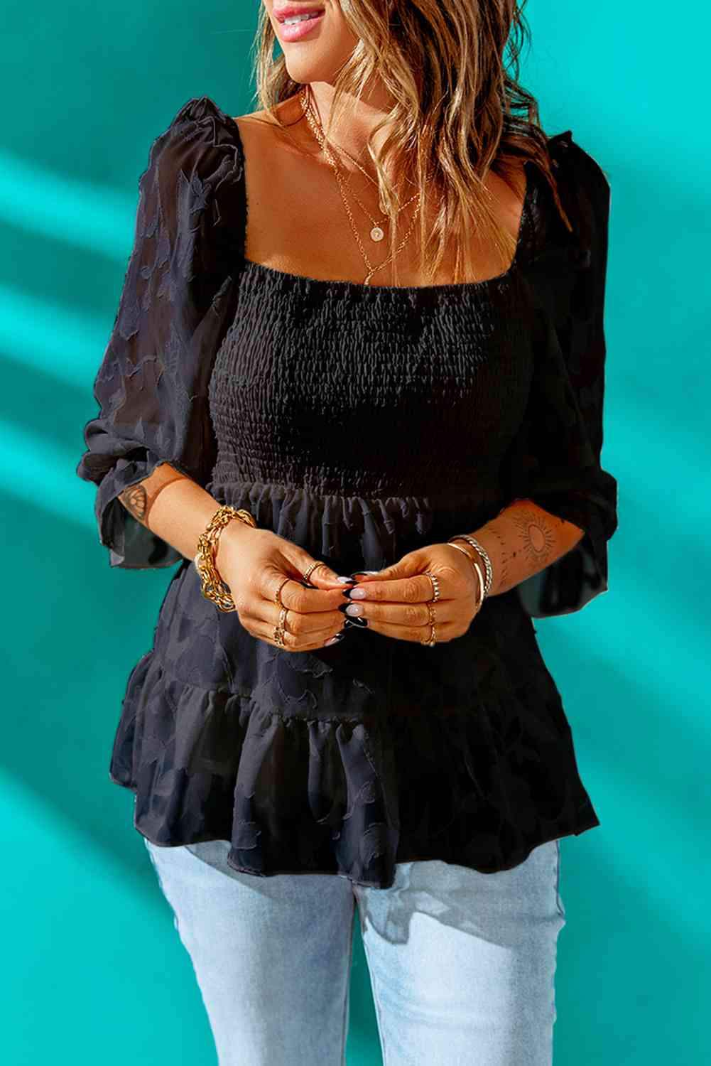 Applique Flounce Sleeve Smocked Peplum Top Black Blouses - Tophatter Daily Deals