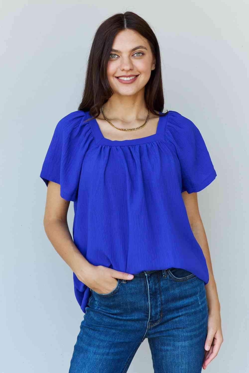 Ninexis Keep Me Close Square Neck Short Sleeve Blouse in Royal Royal Blouses - Tophatter Daily Deals