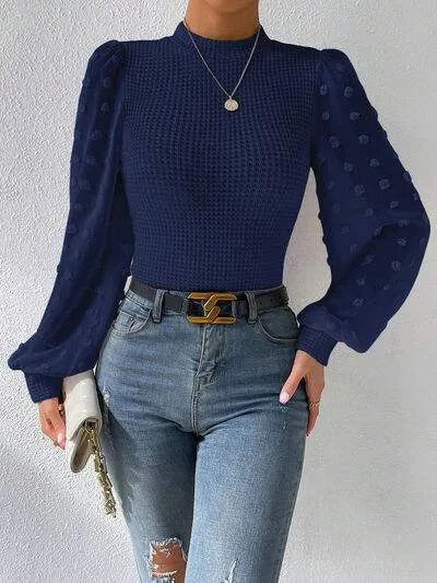 Swiss Dot Waffle-Knit Lantern Sleeve T-Shirt Cobald Blue Women's T-Shirts - Tophatter Daily Deals