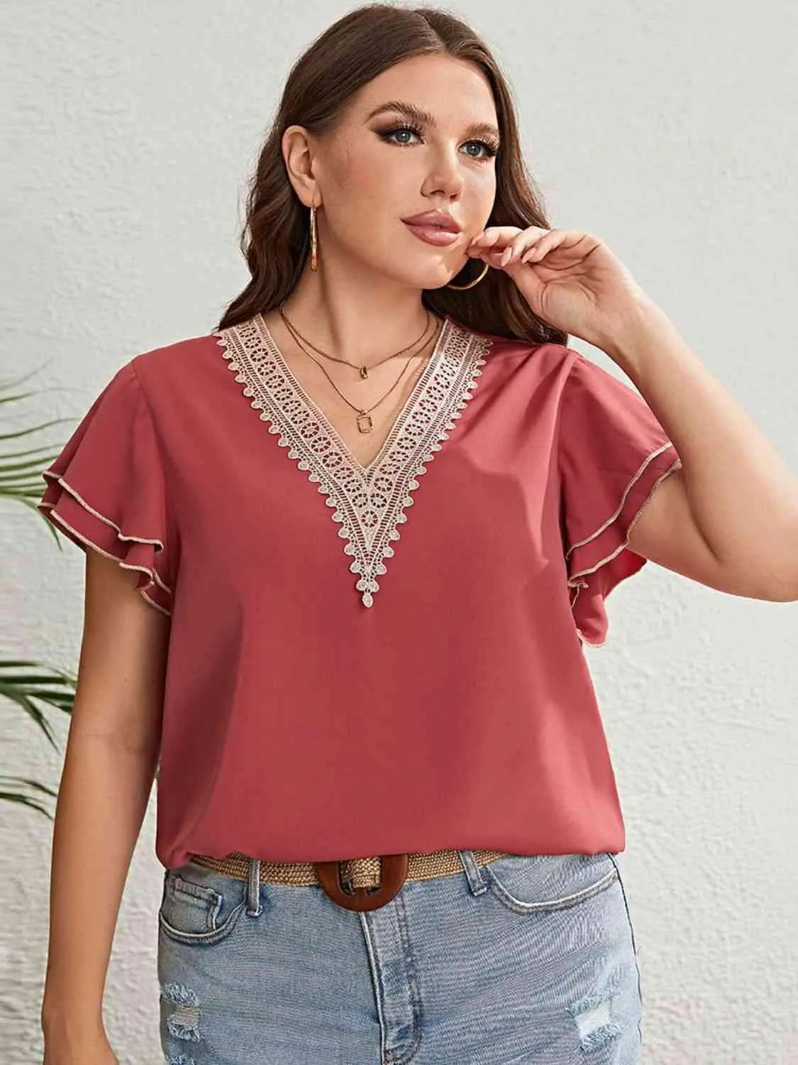 Plus Size Contrast V-Neck Layered Flutter Sleeve Blouse Burnt Coral Blouses - Tophatter Daily Deals