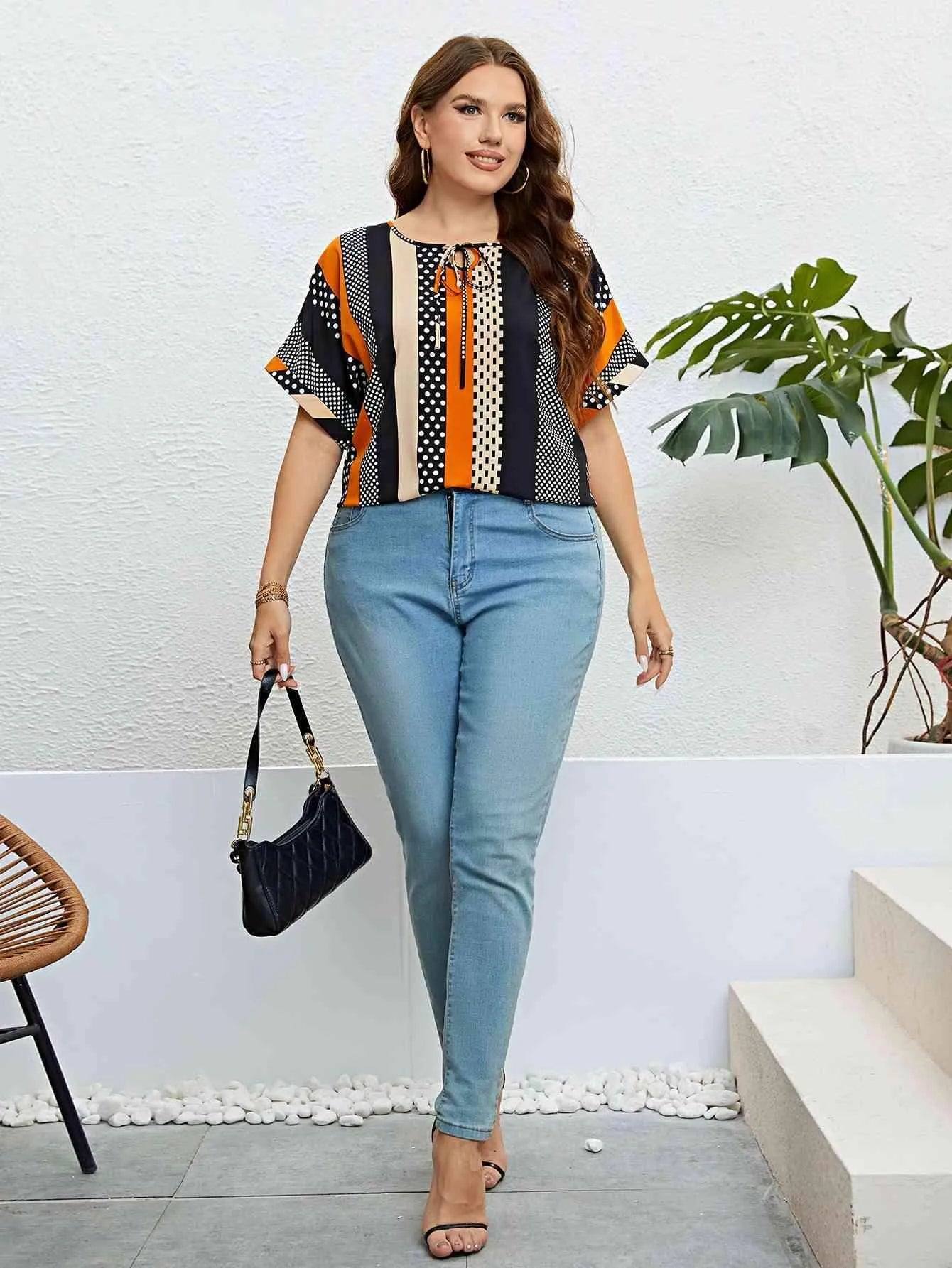 Striped Tie Neck Blouse Blouses - Tophatter Daily Deals