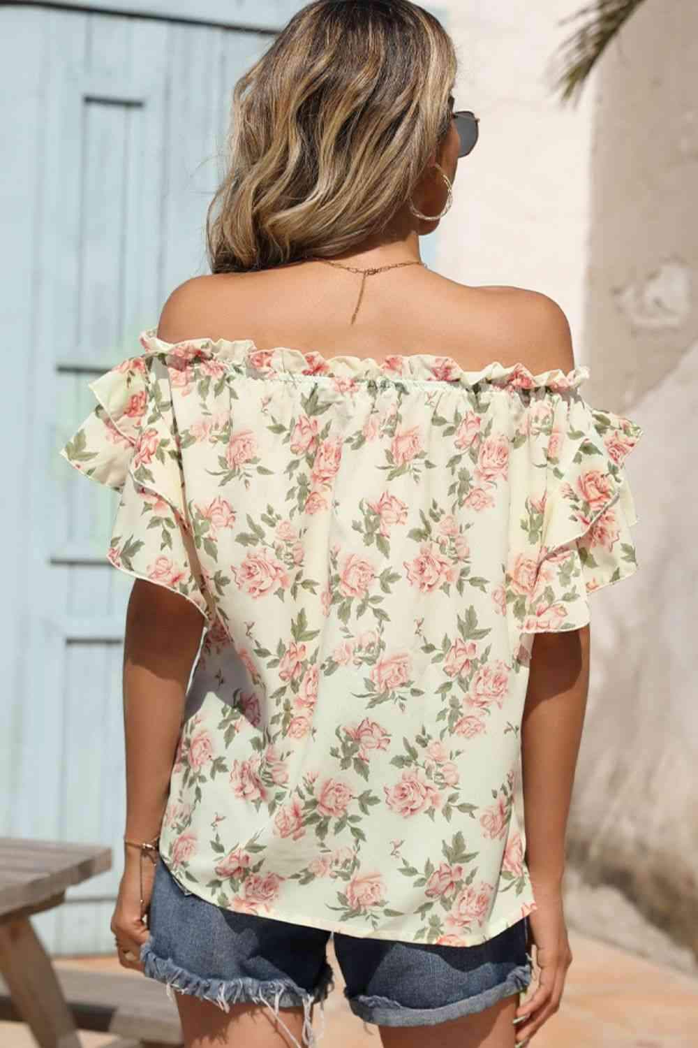 Floral Frill Trim Off-Shoulder Blouse Blouses - Tophatter Daily Deals